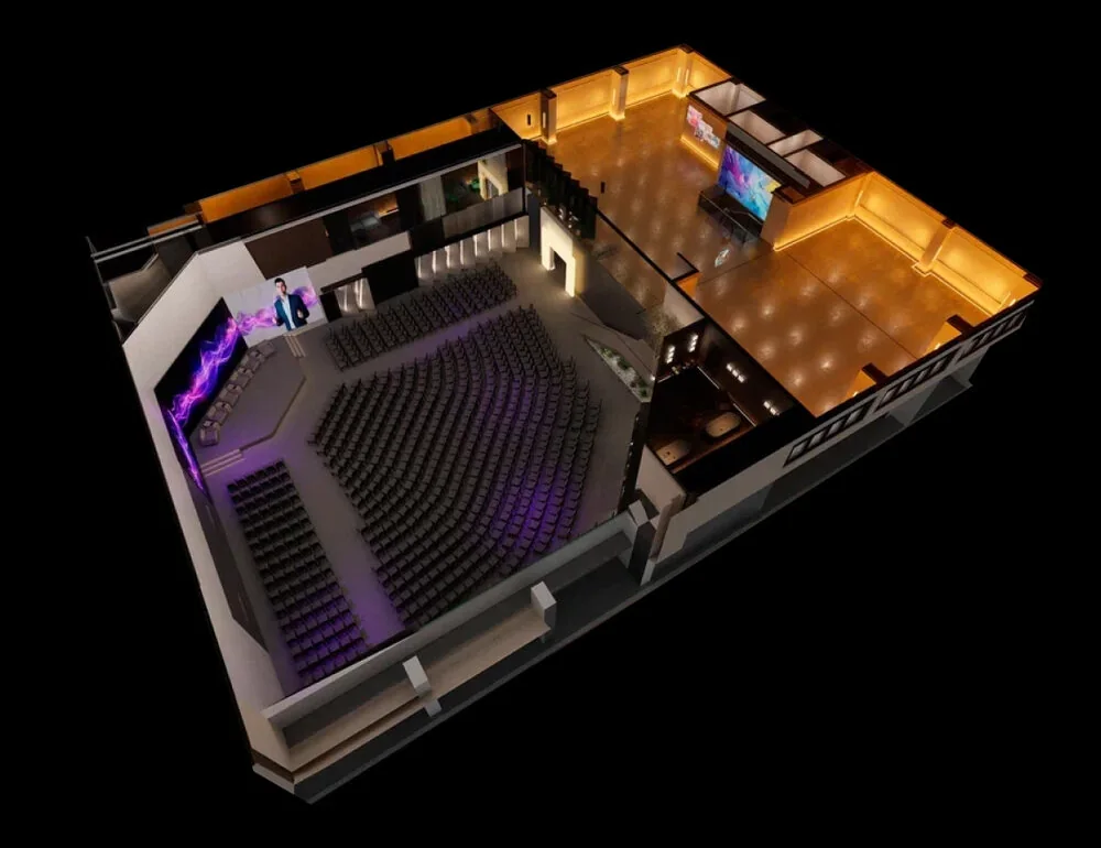 3D-модель главного зала Connect: презентация с рассадкой перед экраном 6.5K